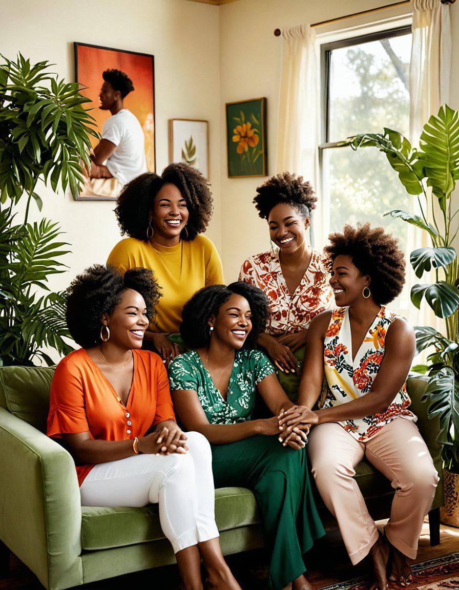 A warm and inviting scene depicting a diverse group of Black individuals sharing intimate laughter and joy, set in a sunlit, cozy room filled with lush plants and colorful textiles. Soft, intimate poses capture the essence of authenticity and closeness, with an emphasis on genuine connections. Accent decor celebrating Black culture, like art and textiles, subtly enriches the background. The atmosphere radiates love and celebration of identity. super-realistic. vibrant colors. warm tones.