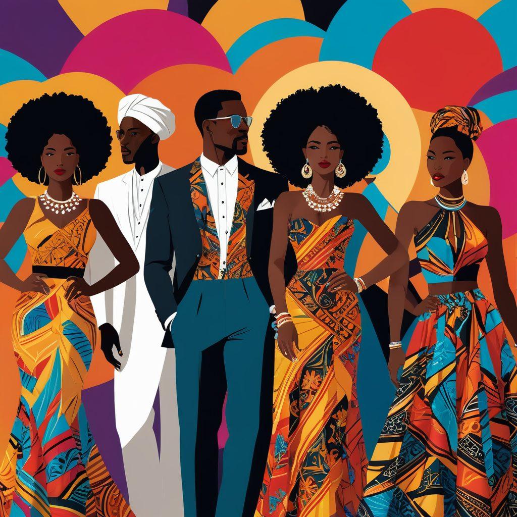 A vibrant and artistic depiction of a diverse group of Black adults expressing confidence and sensuality through body language and fashion; incorporate elements of traditional and contemporary culture with bold colors, rich textures, and intricate patterns symbolizing heritage. The background should feature abstract shapes that echo the themes of intimacy and empowerment. vector art. vibrant colors.